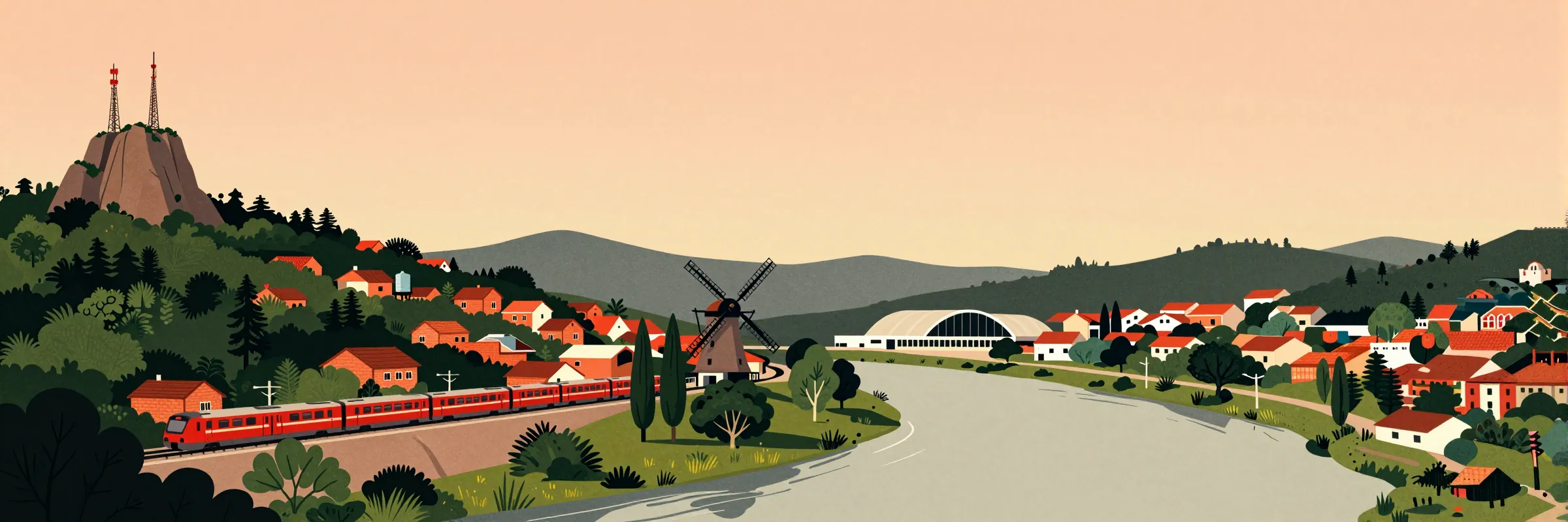 Ilustração de Pirituba ao entardecer: o Pico do Jaraguá com as torres, o trem da Linha 7, os morros cheios de casas, o moinho da Casa de Nassau e o Rio Tietê