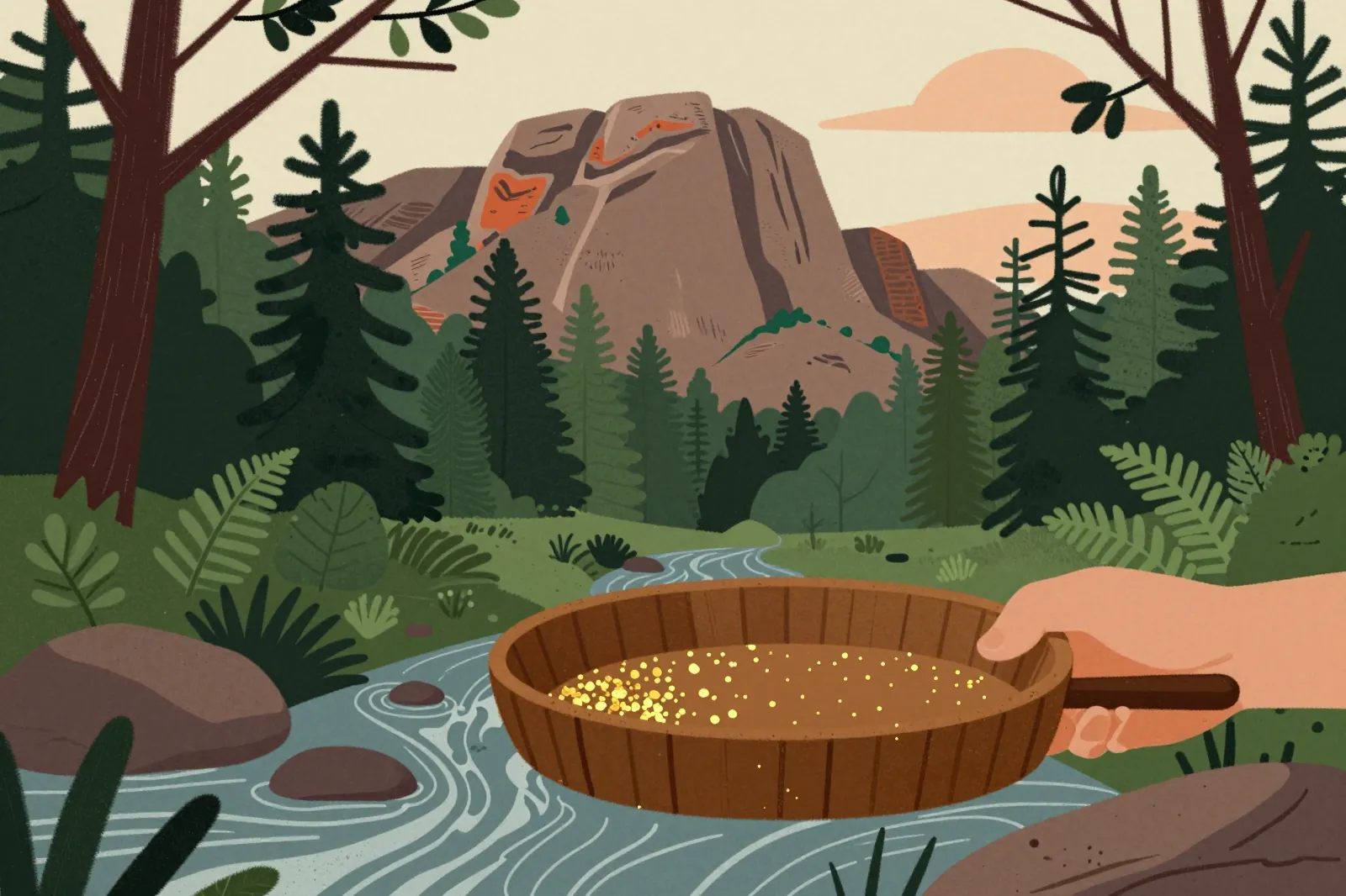 Ilustração de uma bateia com pepitas de ouro num riacho ao pé de um pico rochoso