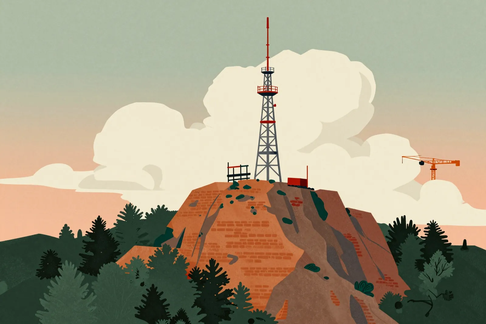 Ilustração de uma torre de TV sendo erguida no topo de um pico de granito nos anos 1960